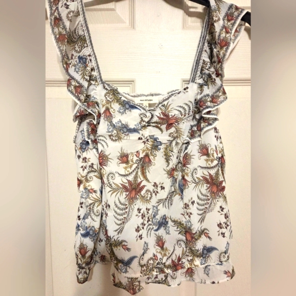 NWT Max Studio Ivory Floral Chiffon Crop Top Blouse Sz. L